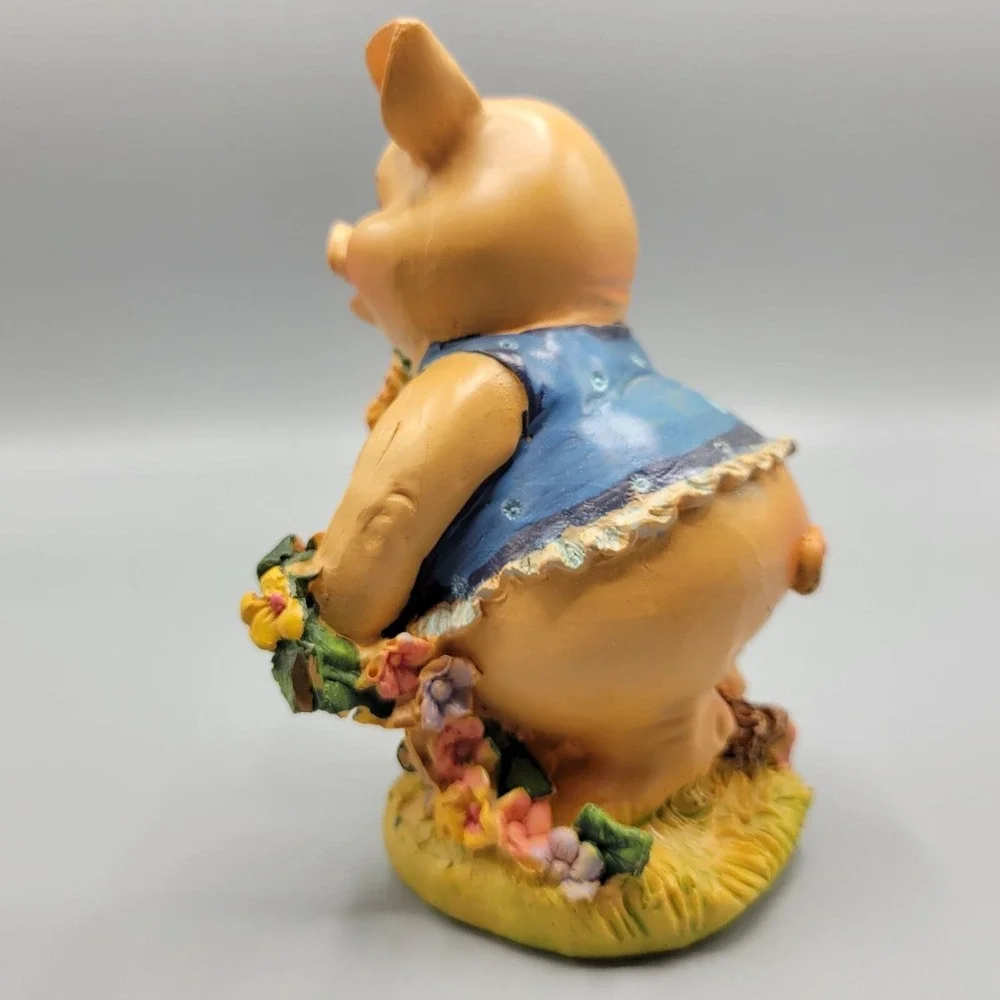 Vintage Adorable Happy Pig Figurine Blue Dress Floral Accents Home Shelf Decor